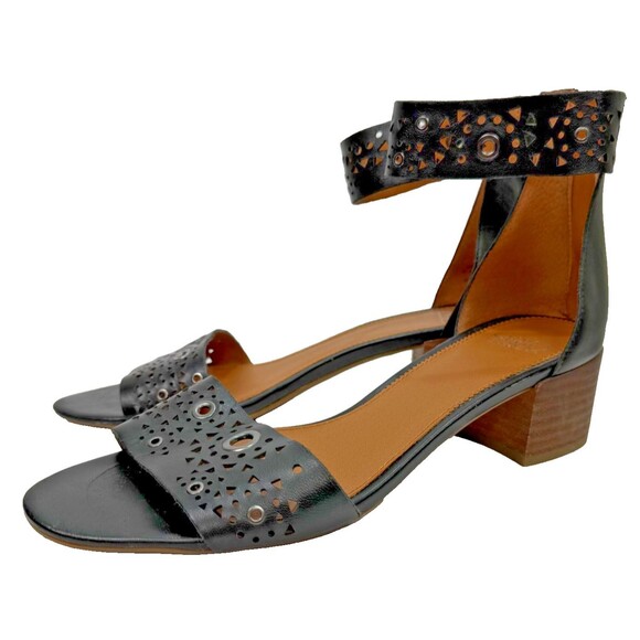 Franco Sarto Fidela Sandal 8.5 Black Leather Block Heel Ankle Strap Cut Out Shoe - Picture 5 of 10